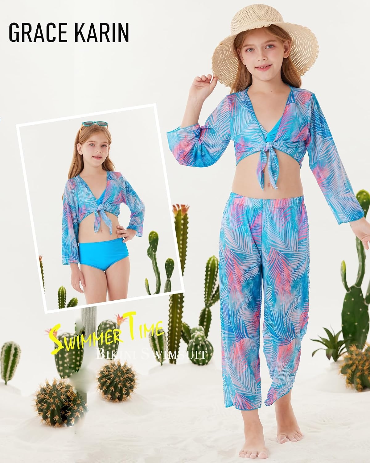 image:imageGRACE KARIN Girls 4 Piece Tankini Bikini Bathing Swimsuit with Pants 716Bluefeather