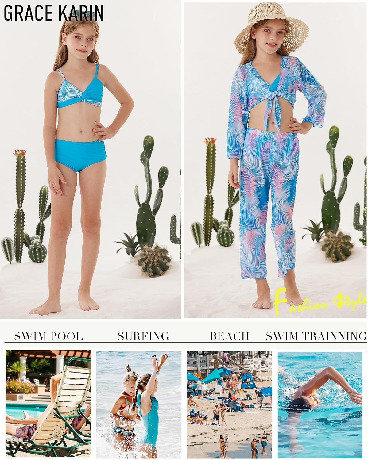 image:imageGRACE KARIN Girls 4 Piece Tankini Bikini Bathing Swimsuit with Pants 716Bluefeather