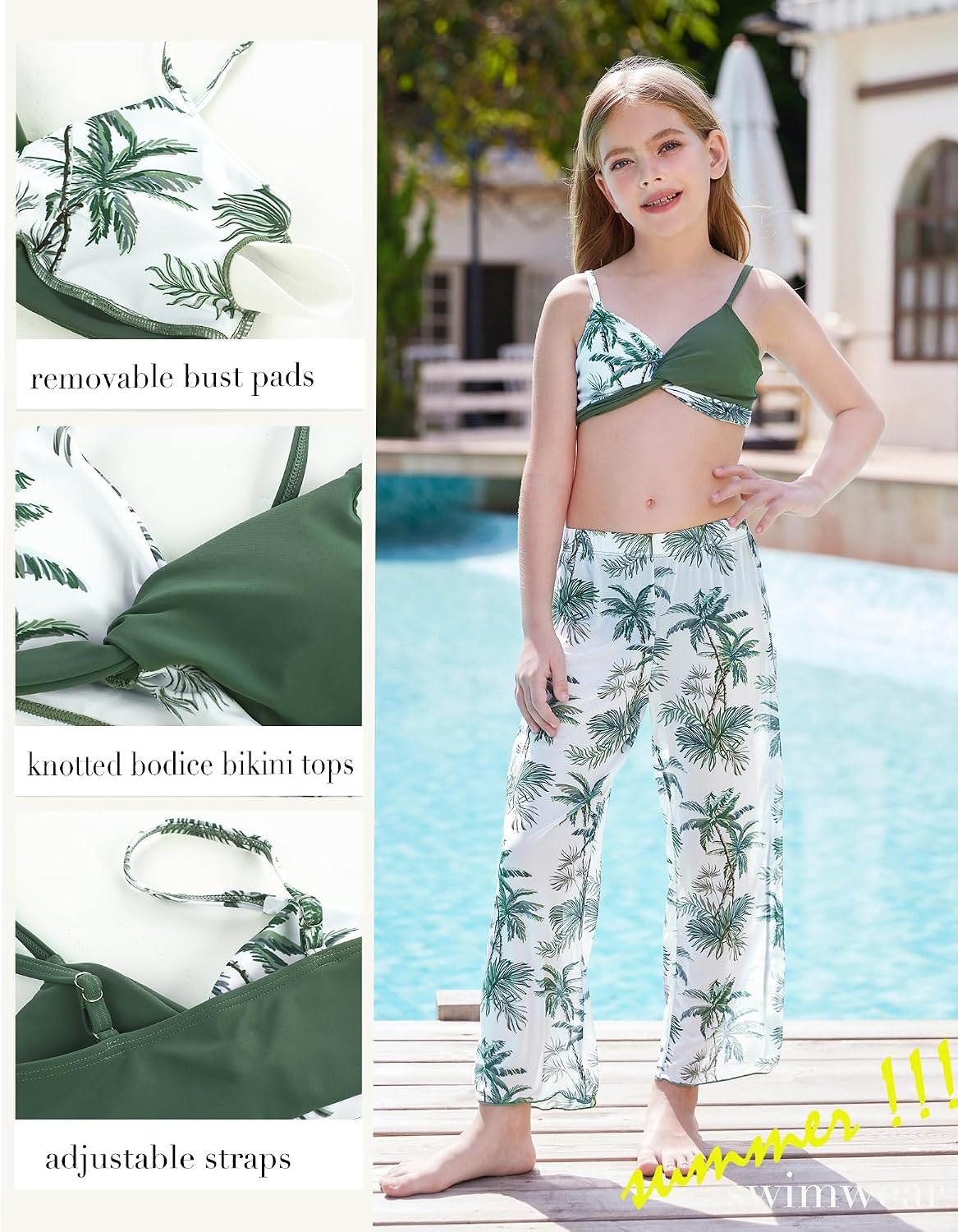 image:imageGRACE KARIN Girls 4 Piece Tankini Bikini Bathing Swimsuit with Pants 716Greencoconut Tree