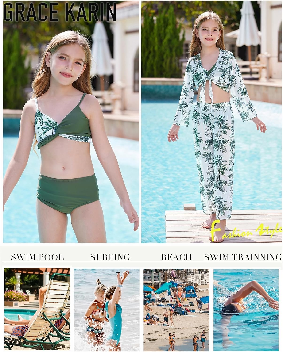 image:imageGRACE KARIN Girls 4 Piece Tankini Bikini Bathing Swimsuit with Pants 716Greencoconut Tree