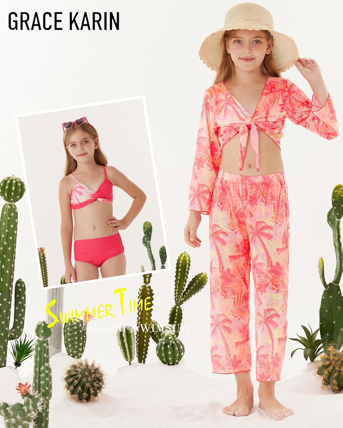 image:imageGRACE KARIN Girls 4 Piece Tankini Bikini Bathing Swimsuit with Pants 716Hot Pink