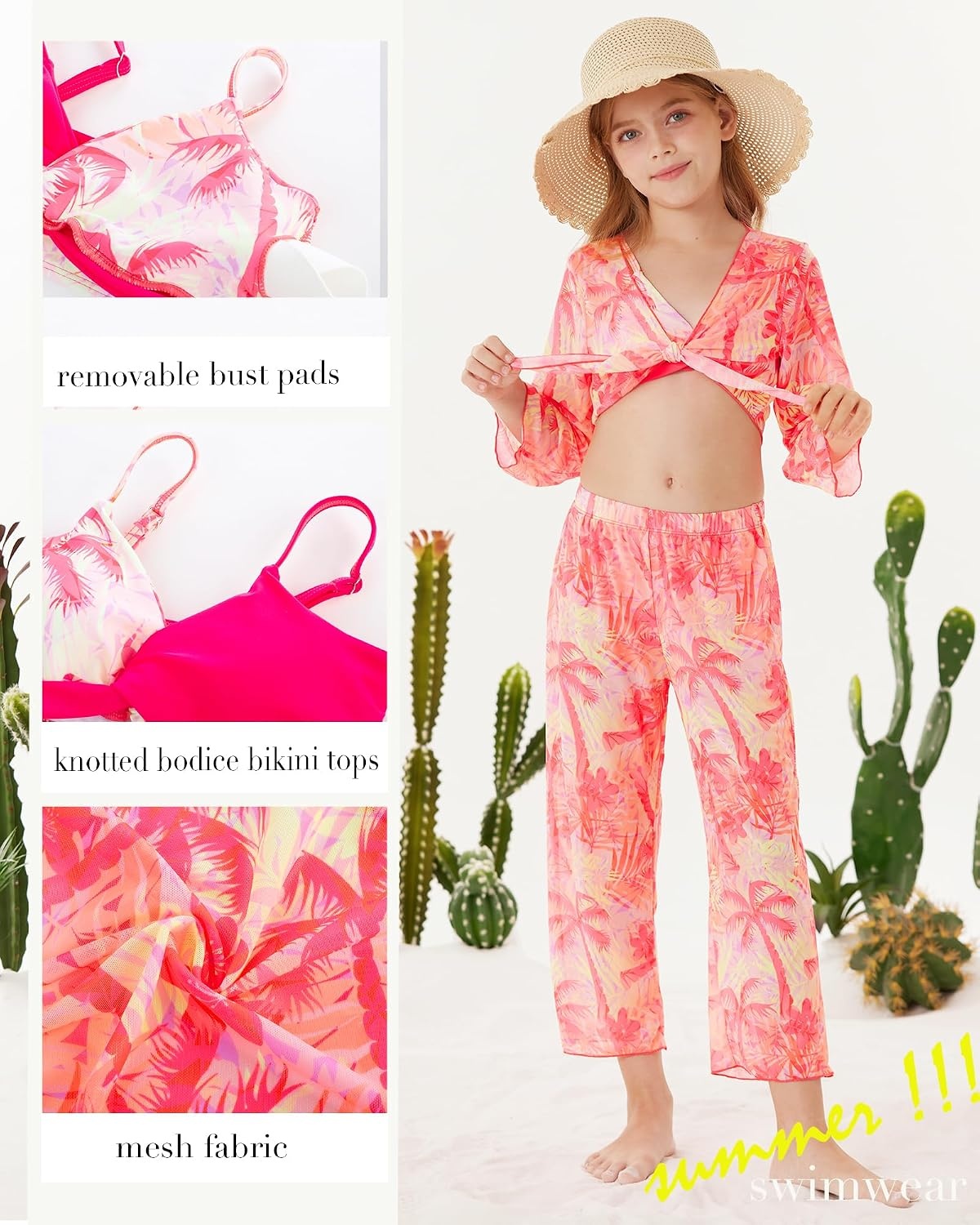 image:imageGRACE KARIN Girls 4 Piece Tankini Bikini Bathing Swimsuit with Pants 716Hot Pink
