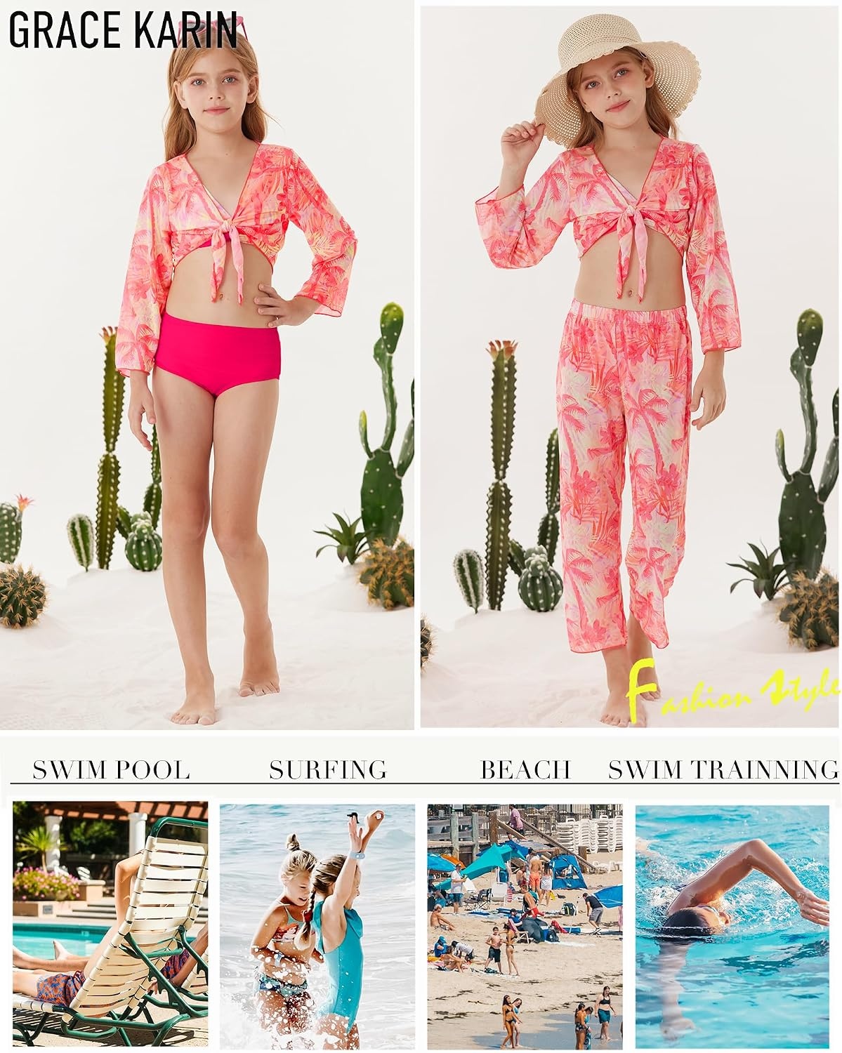 image:imageGRACE KARIN Girls 4 Piece Tankini Bikini Bathing Swimsuit with Pants 716Hot Pink