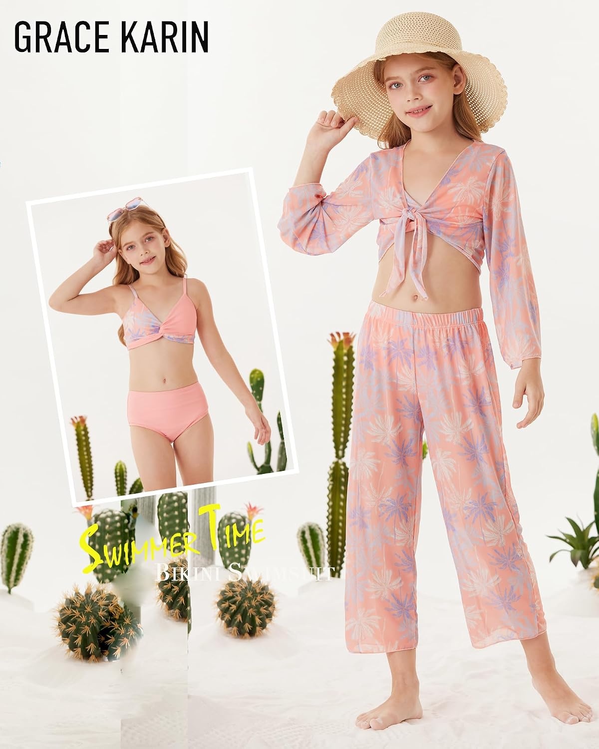 image:imageGRACE KARIN Girls 4 Piece Tankini Bikini Bathing Swimsuit with Pants 716Orangecoconut Tree