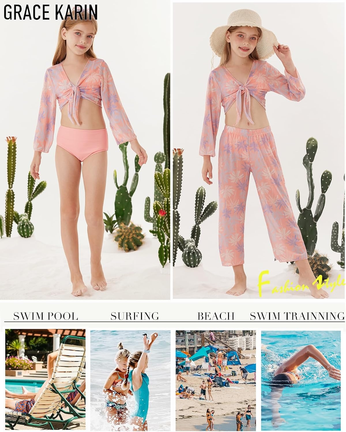 image:imageGRACE KARIN Girls 4 Piece Tankini Bikini Bathing Swimsuit with Pants 716Orangecoconut Tree