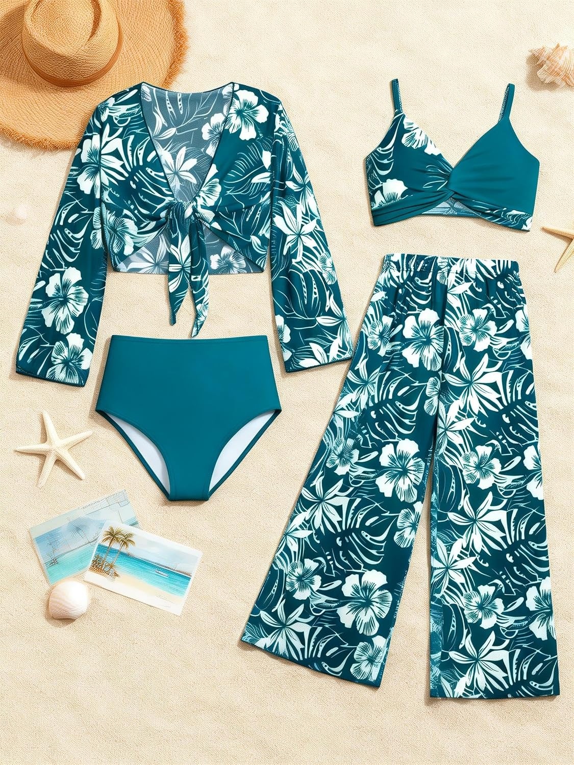 image:imageGRACE KARIN Girls 4 Piece Tankini Bikini Bathing Swimsuit with Pants 716Peacock Blue