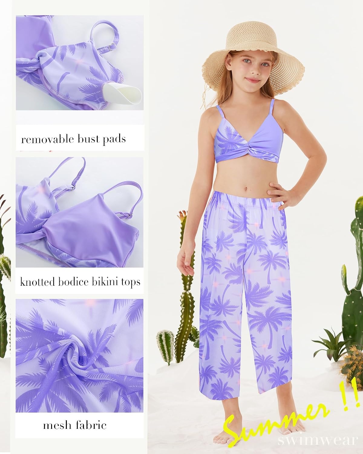 image:imageGRACE KARIN Girls 4 Piece Tankini Bikini Bathing Swimsuit with Pants 716Purplecoconut Tree