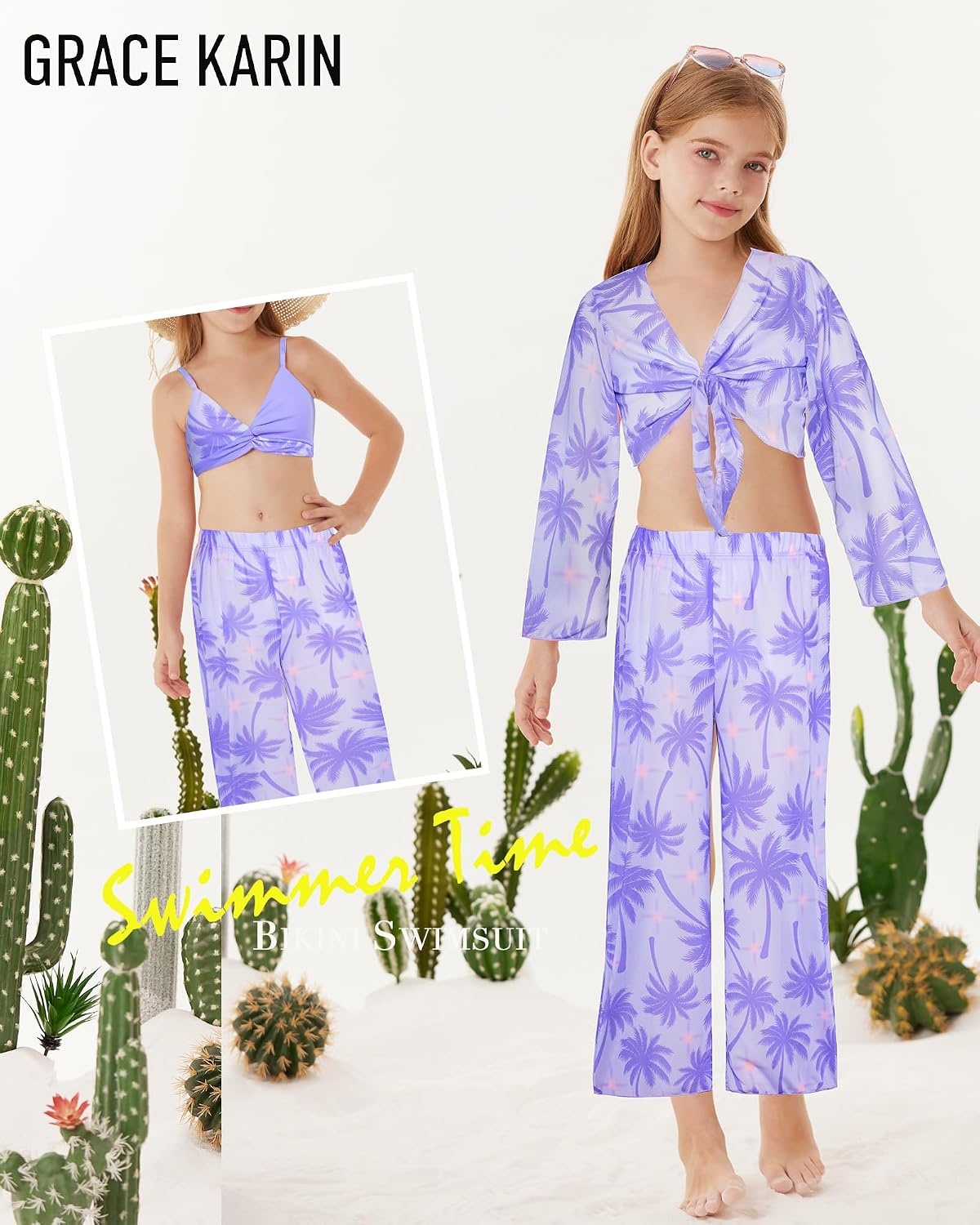 image:imageGRACE KARIN Girls 4 Piece Tankini Bikini Bathing Swimsuit with Pants 716Purplecoconut Tree