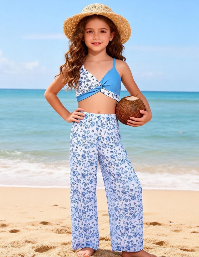 image:imageGRACE KARIN Girls 4 Piece Tankini Bikini Bathing Swimsuit with Pants 716Trendy White Blue Floral