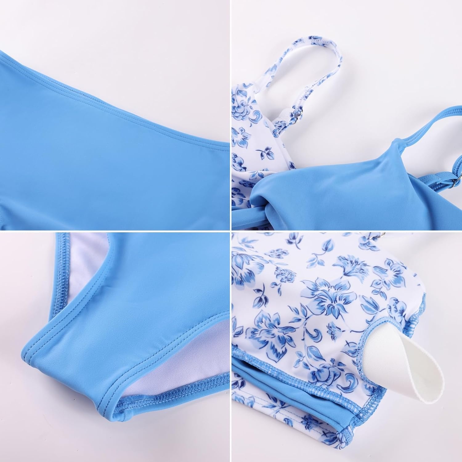 image:imageGRACE KARIN Girls 4 Piece Tankini Bikini Bathing Swimsuit with Pants 716Trendy White Blue Floral