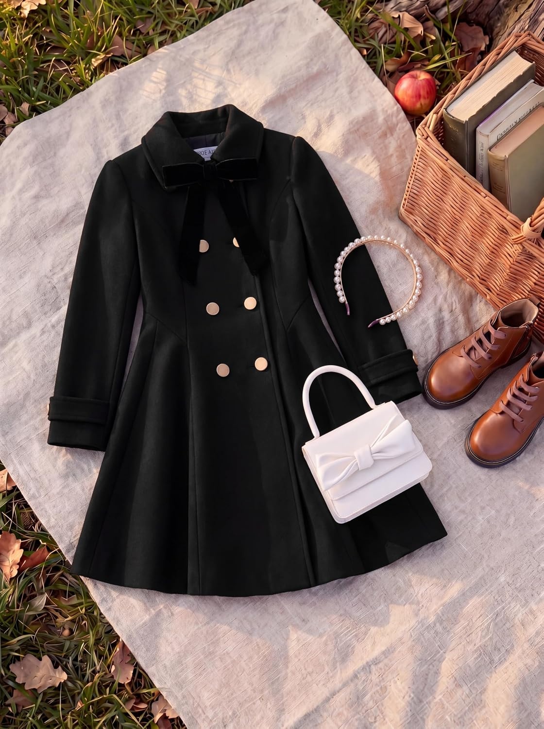 image:imageGRACE KARIN Girls Dress Coat Fall Winter Double Breasted Peacoat Bow PocketBlack