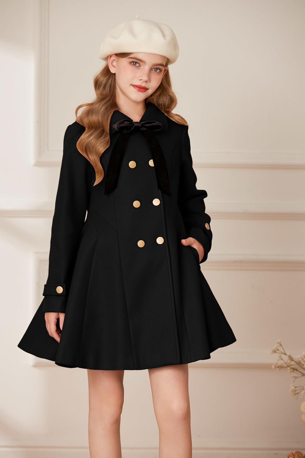 image:imageGRACE KARIN Girls Dress Coat Fall Winter Double Breasted Peacoat Bow PocketBlack