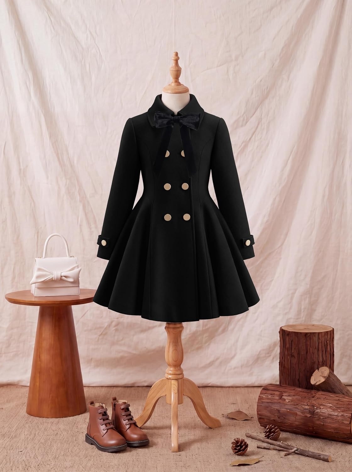 image:imageGRACE KARIN Girls Dress Coat Fall Winter Double Breasted Peacoat Bow PocketBlack