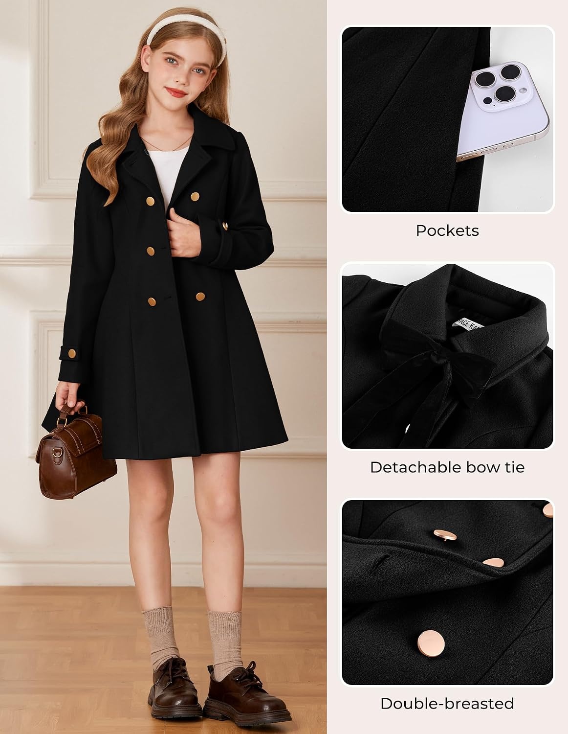 image:imageGRACE KARIN Girls Dress Coat Fall Winter Double Breasted Peacoat Bow PocketBlack