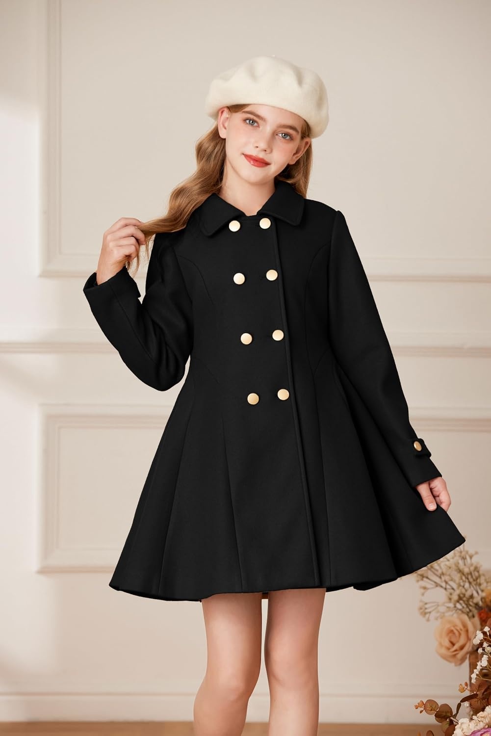 image:imageGRACE KARIN Girls Dress Coat Fall Winter Double Breasted Peacoat Bow PocketBlack