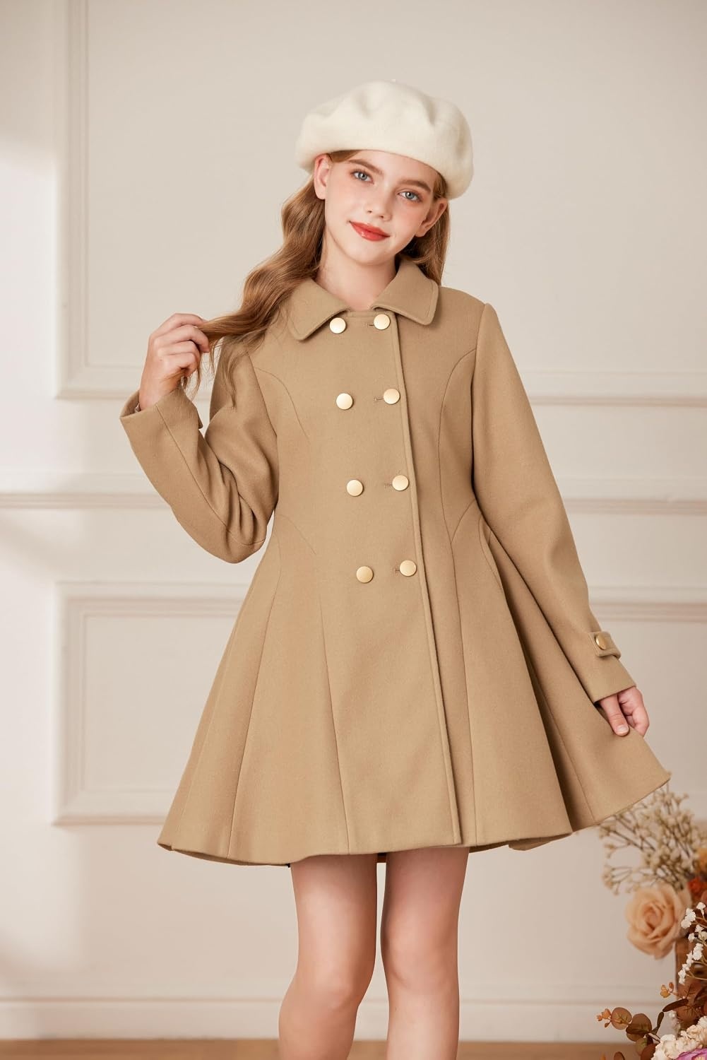 image:imageGRACE KARIN Girls Dress Coat Fall Winter Double Breasted Peacoat Bow PocketKhaki