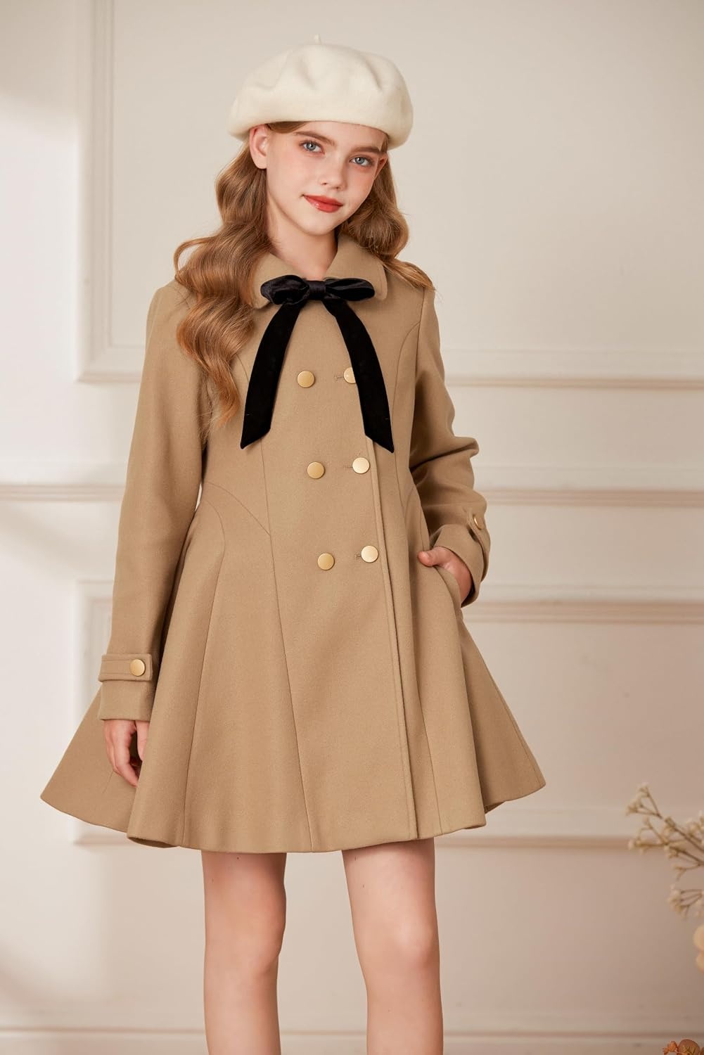 image:imageGRACE KARIN Girls Dress Coat Fall Winter Double Breasted Peacoat Bow PocketKhaki