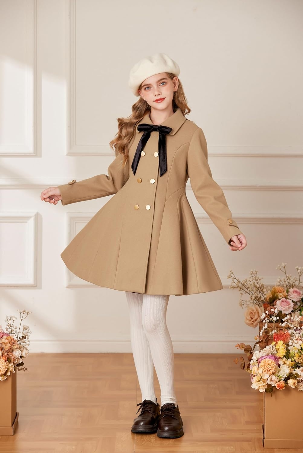 image:imageGRACE KARIN Girls Dress Coat Fall Winter Double Breasted Peacoat Bow PocketKhaki