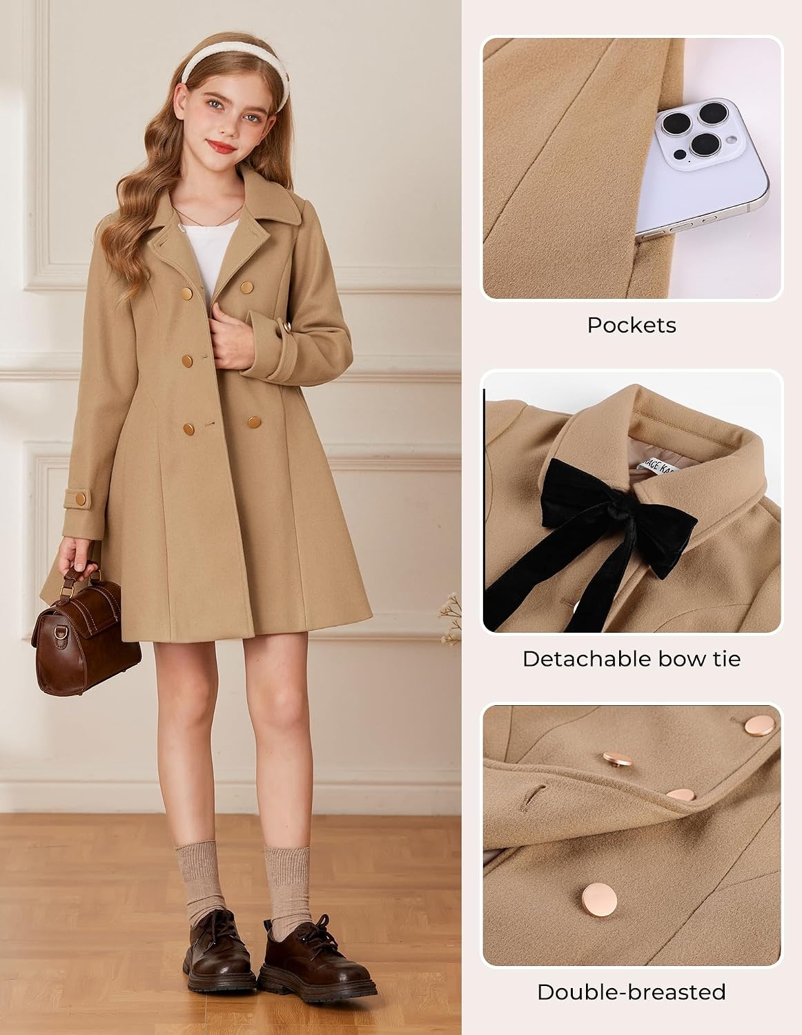 image:imageGRACE KARIN Girls Dress Coat Fall Winter Double Breasted Peacoat Bow PocketKhaki