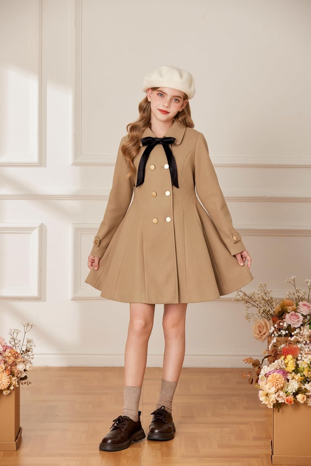 image:imageGRACE KARIN Girls Dress Coat Fall Winter Double Breasted Peacoat Bow PocketKhaki