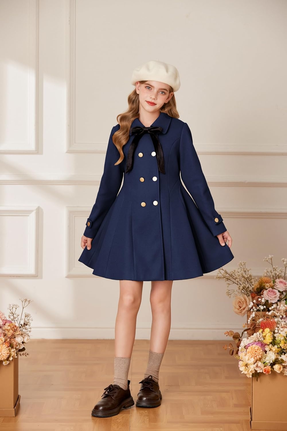 image:imageGRACE KARIN Girls Dress Coat Fall Winter Double Breasted Peacoat Bow PocketNavy