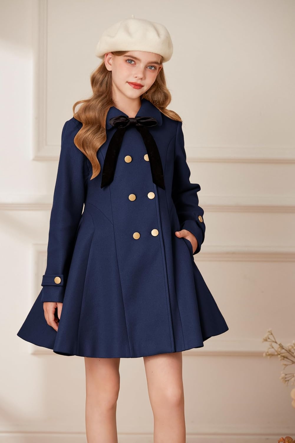 image:imageGRACE KARIN Girls Dress Coat Fall Winter Double Breasted Peacoat Bow PocketNavy
