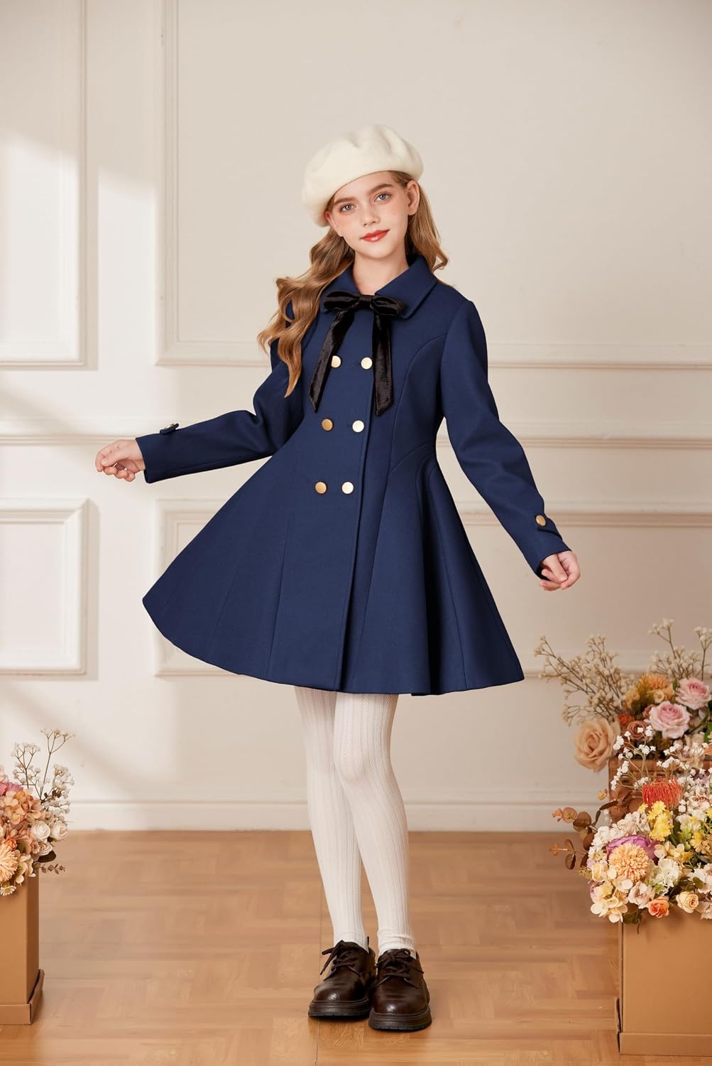 image:imageGRACE KARIN Girls Dress Coat Fall Winter Double Breasted Peacoat Bow PocketNavy