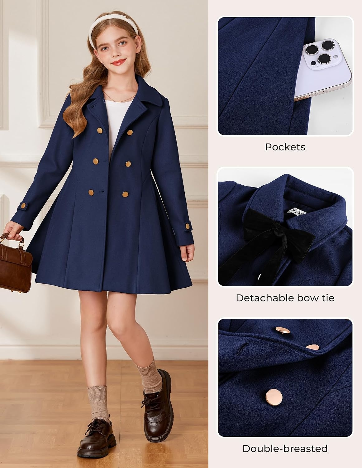 image:imageGRACE KARIN Girls Dress Coat Fall Winter Double Breasted Peacoat Bow PocketNavy
