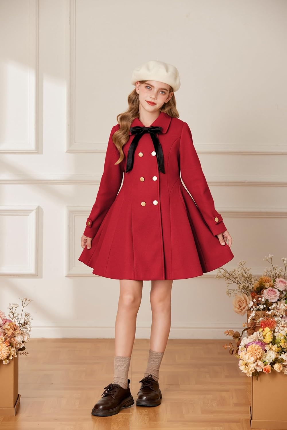 image:imageGRACE KARIN Girls Dress Coat Fall Winter Double Breasted Peacoat Bow PocketRed
