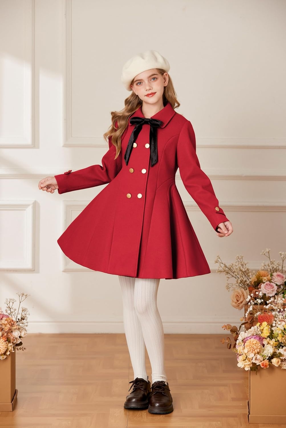image:imageGRACE KARIN Girls Dress Coat Fall Winter Double Breasted Peacoat Bow PocketRed