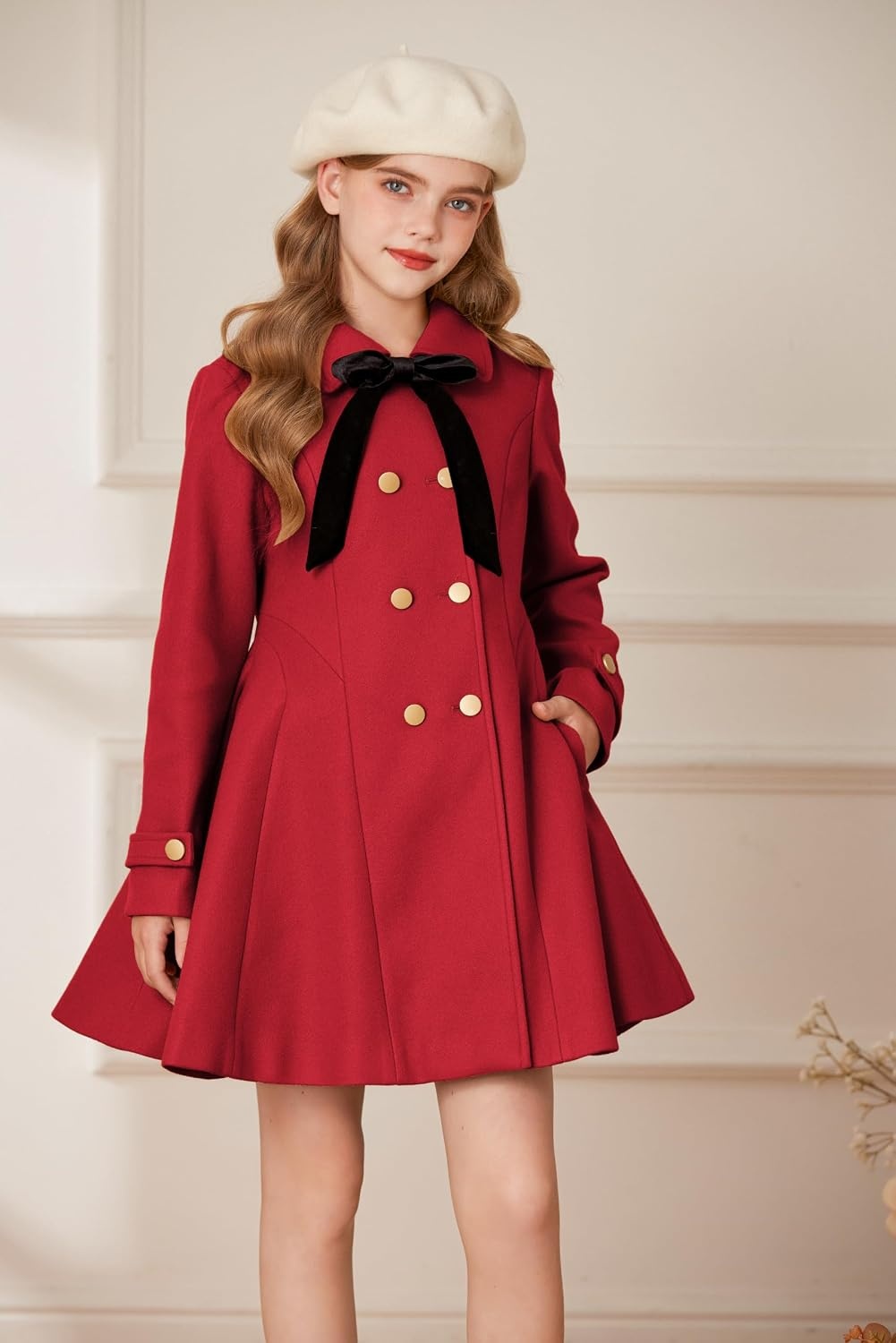 image:imageGRACE KARIN Girls Dress Coat Fall Winter Double Breasted Peacoat Bow PocketRed