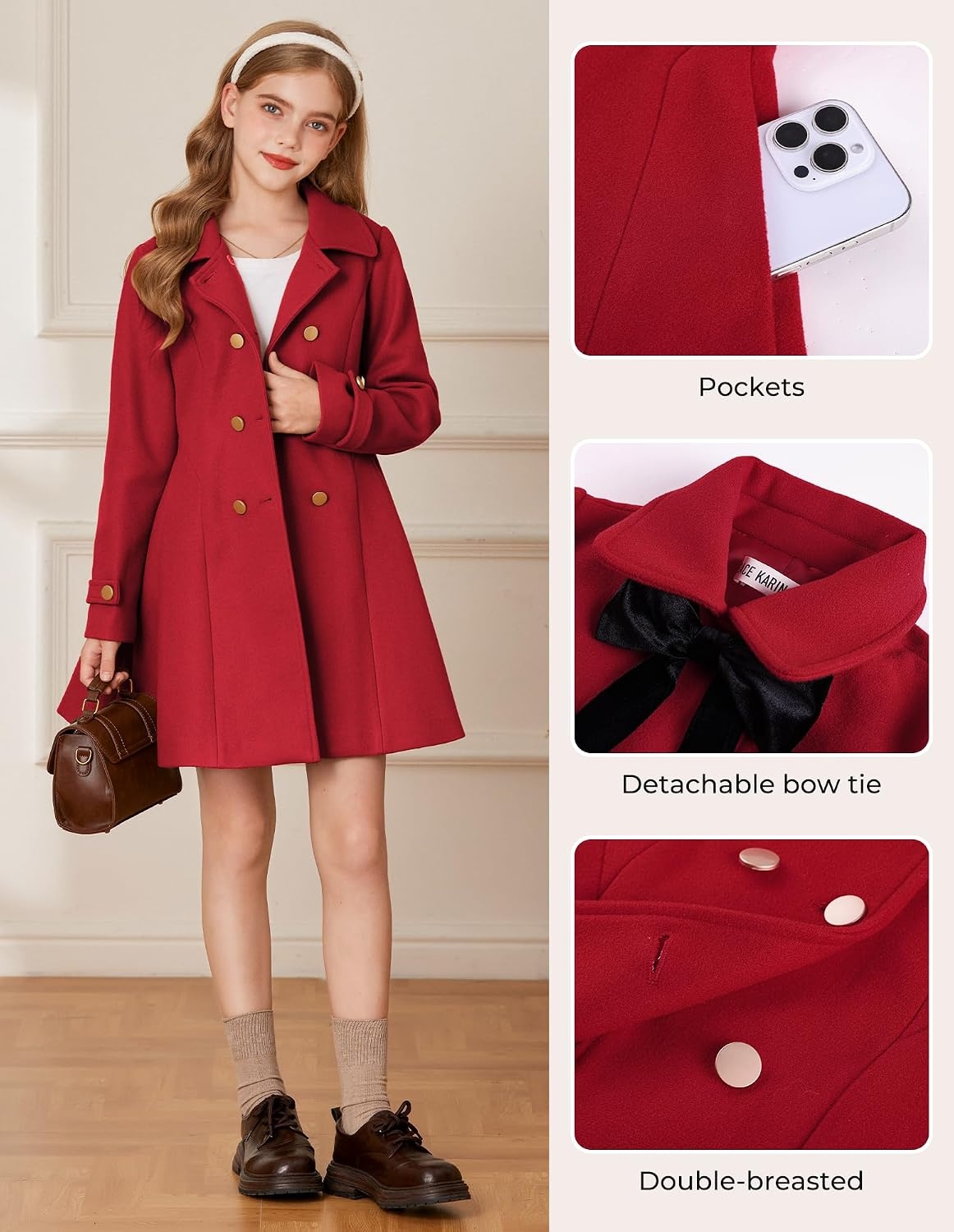 image:imageGRACE KARIN Girls Dress Coat Fall Winter Double Breasted Peacoat Bow PocketRed