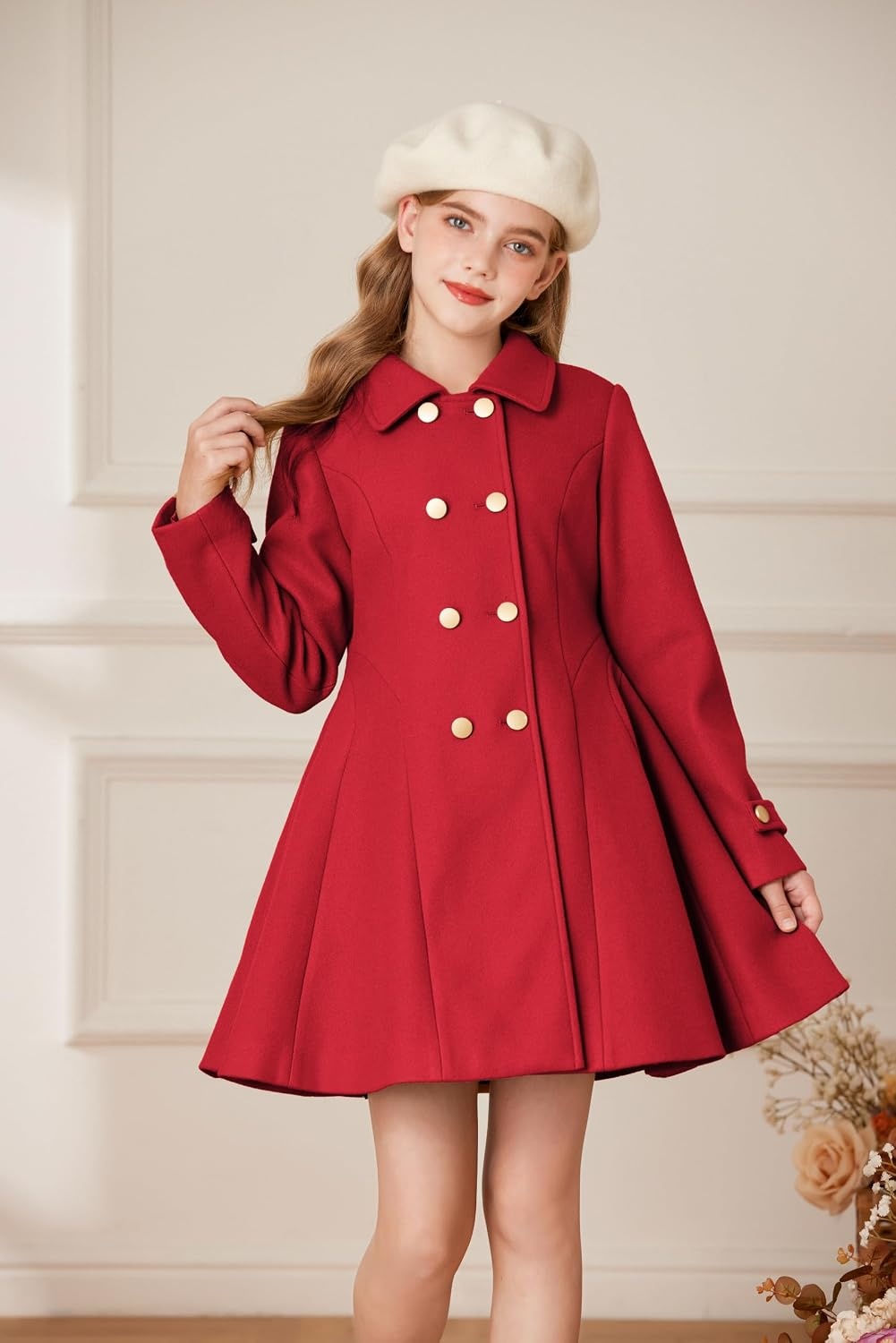 image:imageGRACE KARIN Girls Dress Coat Fall Winter Double Breasted Peacoat Bow PocketRed