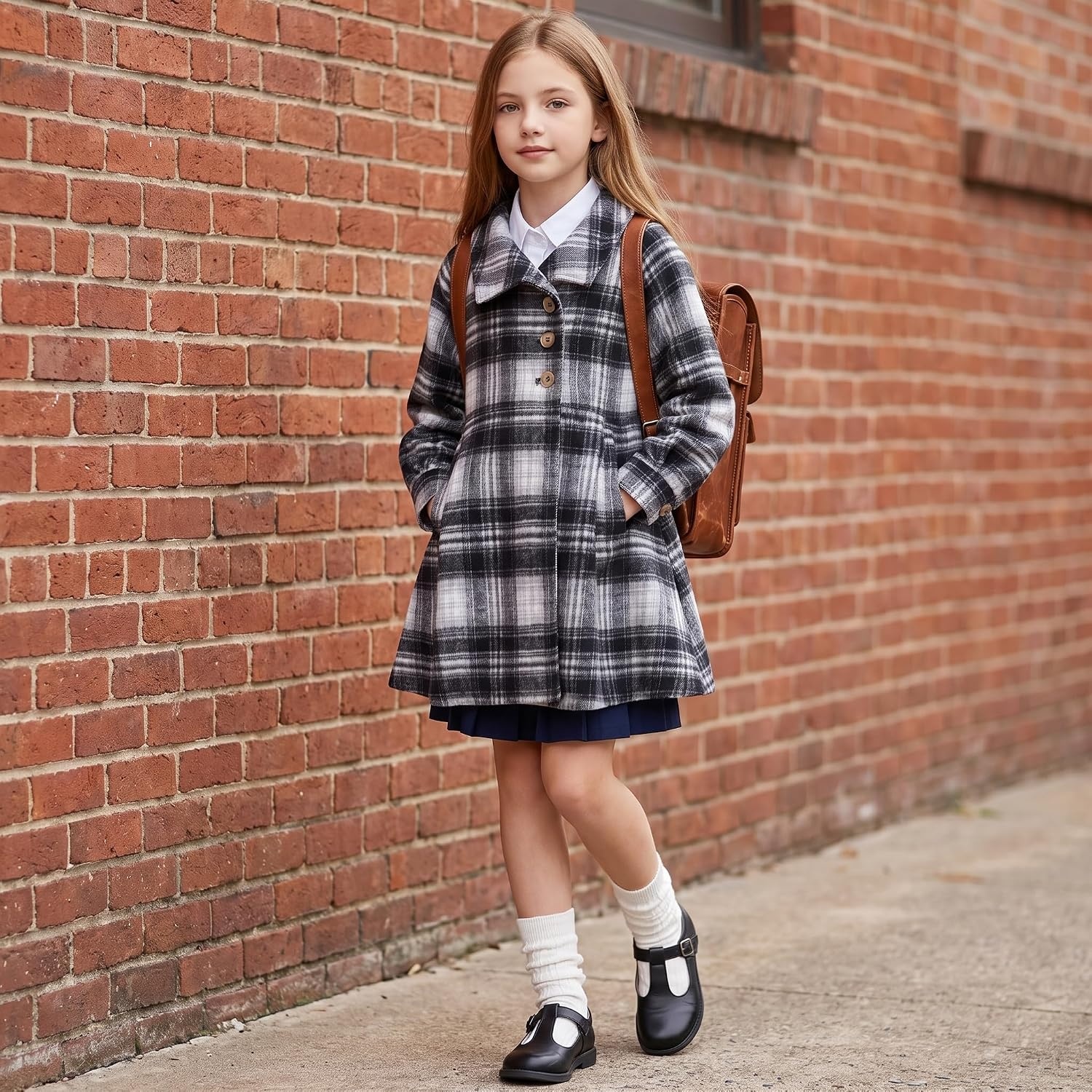 image:imageGRACE KARIN Girls Dress Coat Kids Wool Lapel Long Button Jackets Fall Winter Outerwear Peacoat with Pockets 512YBlack White Plaid
