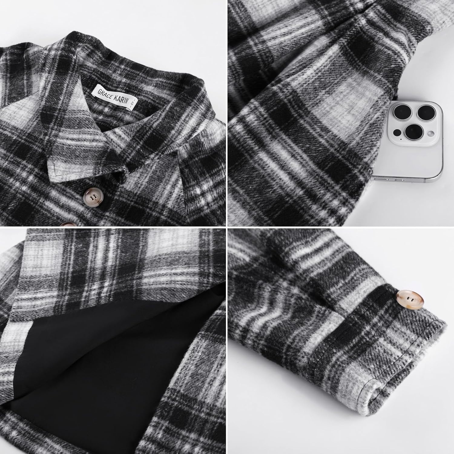 image:imageGRACE KARIN Girls Dress Coat Kids Wool Lapel Long Button Jackets Fall Winter Outerwear Peacoat with Pockets 512YBlack White Plaid
