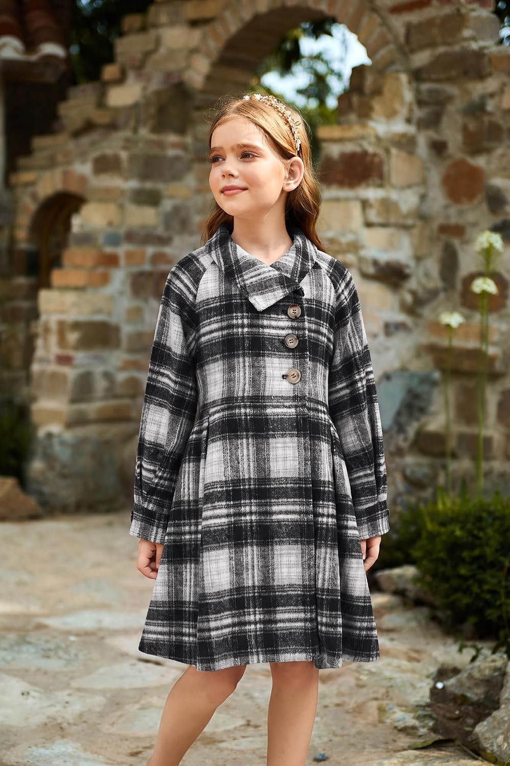 image:imageGRACE KARIN Girls Dress Coat Kids Wool Lapel Long Button Jackets Fall Winter Outerwear Peacoat with Pockets 512YBlack White Plaid