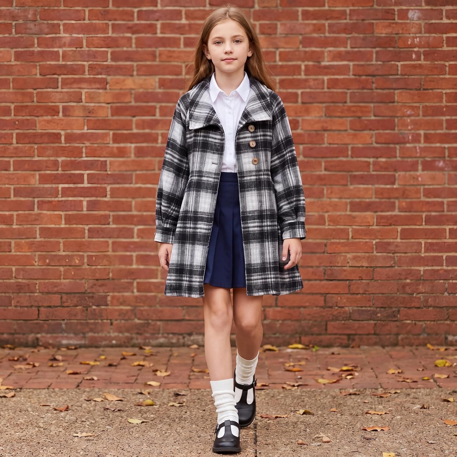 image:imageGRACE KARIN Girls Dress Coat Kids Wool Lapel Long Button Jackets Fall Winter Outerwear Peacoat with Pockets 512YBlack White Plaid