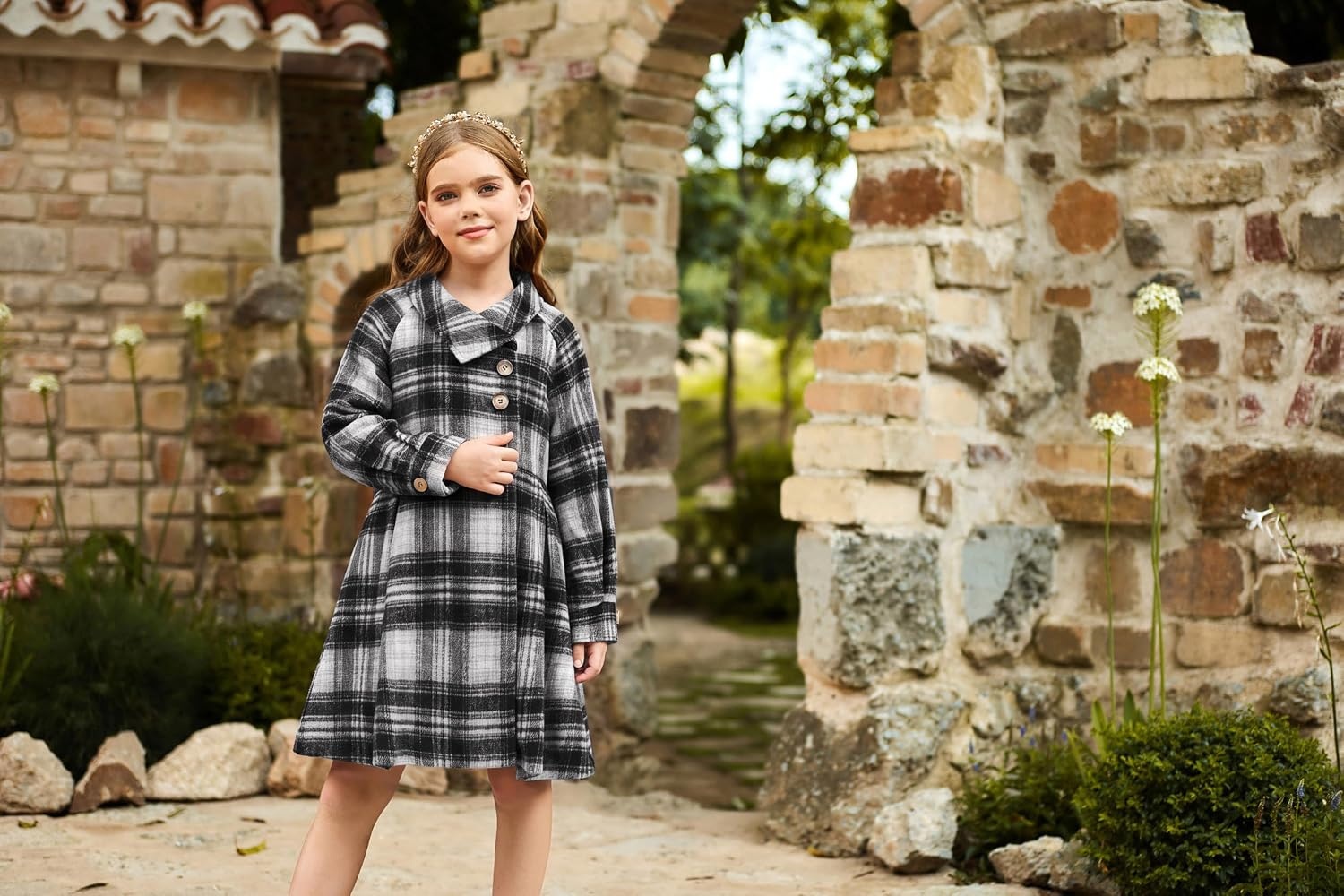 image:imageGRACE KARIN Girls Dress Coat Kids Wool Lapel Long Button Jackets Fall Winter Outerwear Peacoat with Pockets 512YBlack White Plaid