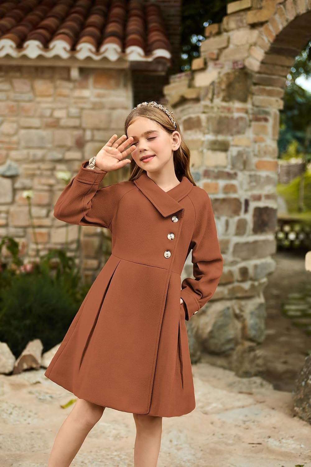 image:imageGRACE KARIN Girls Dress Coat Kids Wool Lapel Long Button Jackets Fall Winter Outerwear Peacoat with Pockets 512YCaramel