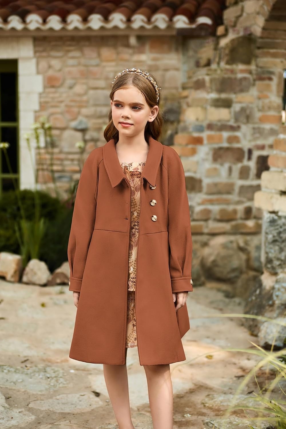 image:imageGRACE KARIN Girls Dress Coat Kids Wool Lapel Long Button Jackets Fall Winter Outerwear Peacoat with Pockets 512YCaramel