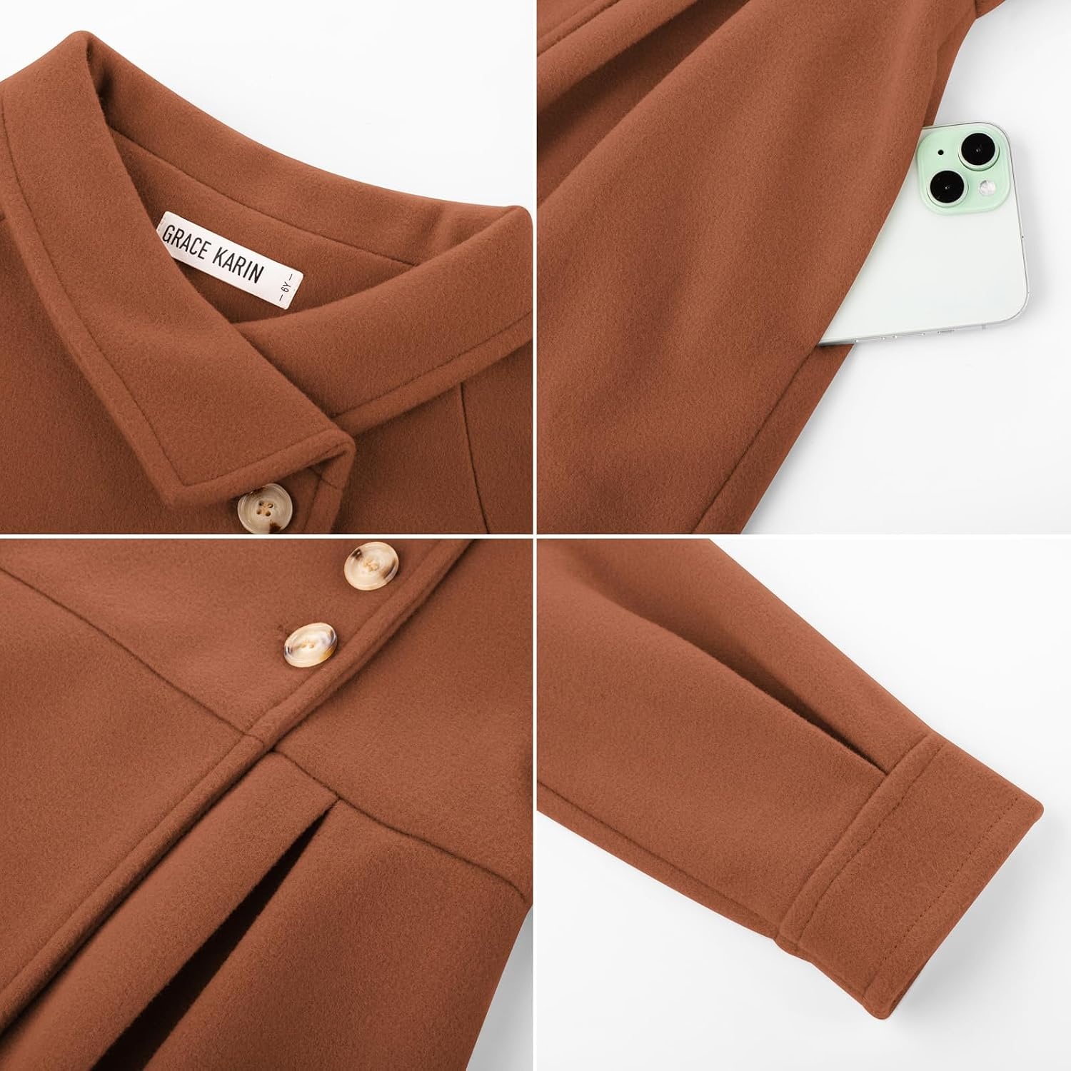 image:imageGRACE KARIN Girls Dress Coat Kids Wool Lapel Long Button Jackets Fall Winter Outerwear Peacoat with Pockets 512YCaramel