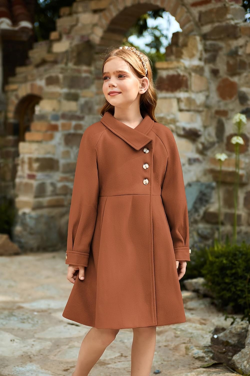 image:imageGRACE KARIN Girls Dress Coat Kids Wool Lapel Long Button Jackets Fall Winter Outerwear Peacoat with Pockets 512YCaramel