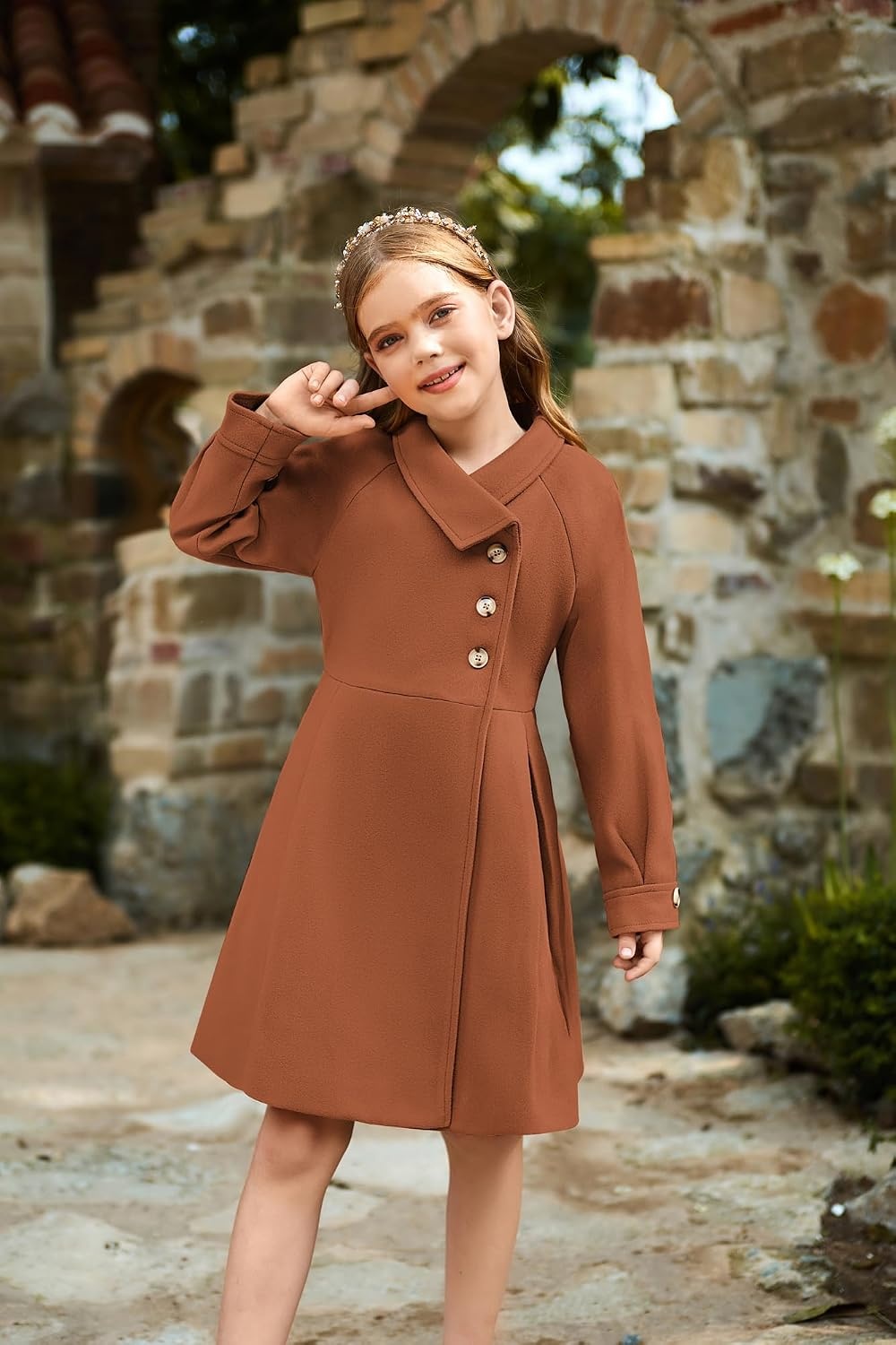 image:imageGRACE KARIN Girls Dress Coat Kids Wool Lapel Long Button Jackets Fall Winter Outerwear Peacoat with Pockets 512YCaramel