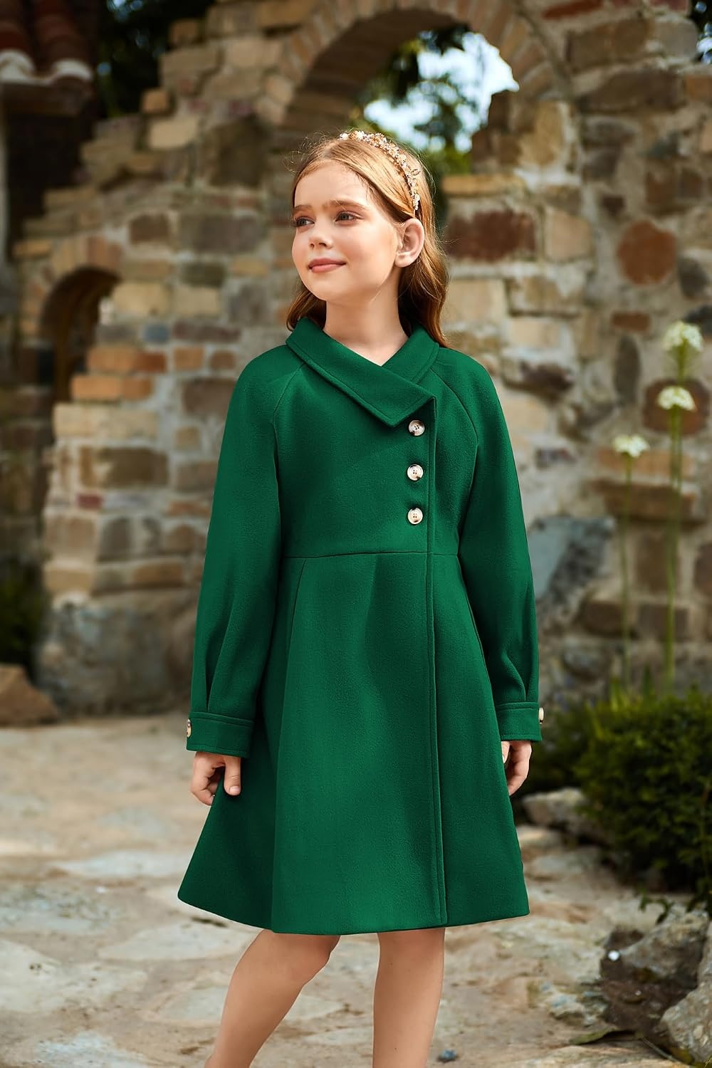 image:imageGRACE KARIN Girls Dress Coat Kids Wool Lapel Long Button Jackets Fall Winter Outerwear Peacoat with Pockets 512YDark Green