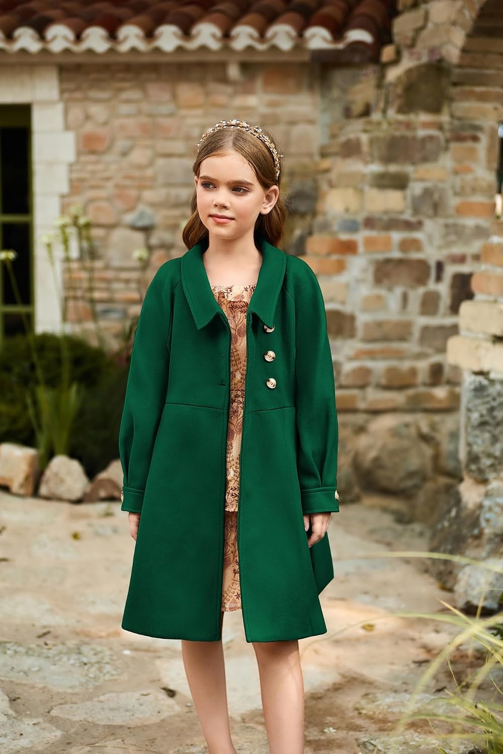 image:imageGRACE KARIN Girls Dress Coat Kids Wool Lapel Long Button Jackets Fall Winter Outerwear Peacoat with Pockets 512YDark Green