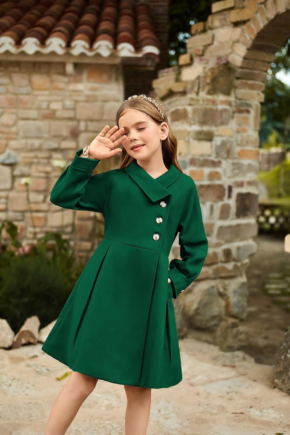 image:imageGRACE KARIN Girls Dress Coat Kids Wool Lapel Long Button Jackets Fall Winter Outerwear Peacoat with Pockets 512YDark Green