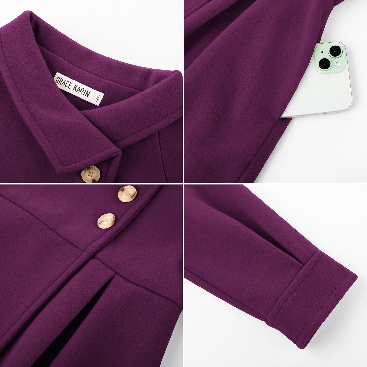 image:imageGRACE KARIN Girls Dress Coat Kids Wool Lapel Long Button Jackets Fall Winter Outerwear Peacoat with Pockets 512YPurple