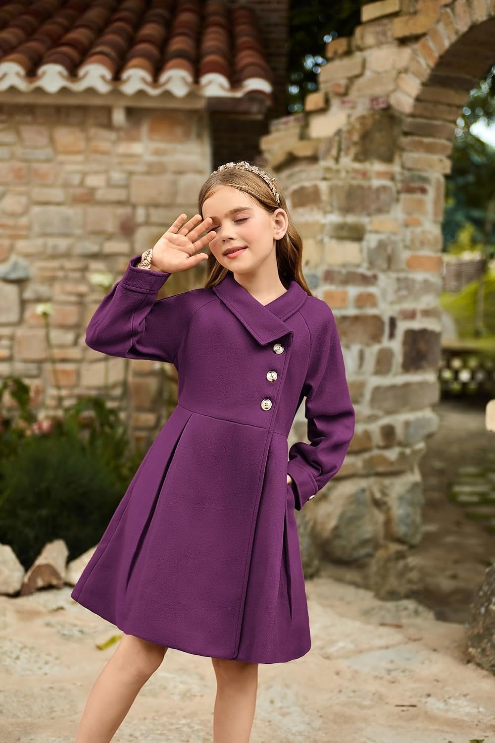 image:imageGRACE KARIN Girls Dress Coat Kids Wool Lapel Long Button Jackets Fall Winter Outerwear Peacoat with Pockets 512YPurple