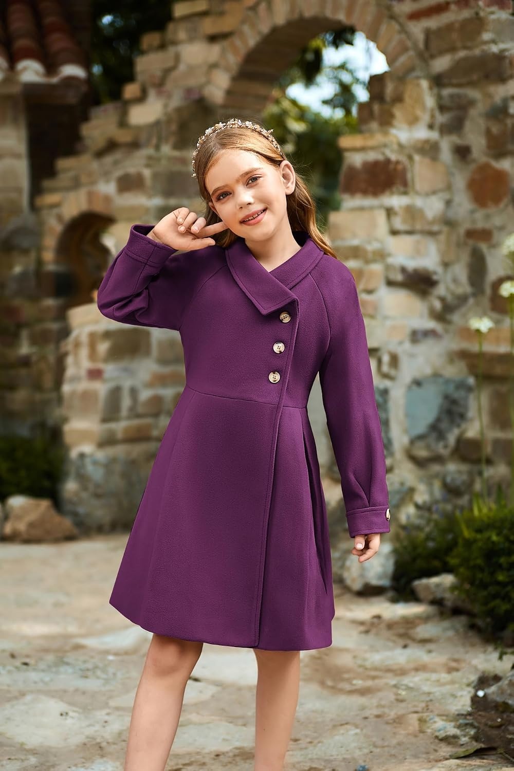image:imageGRACE KARIN Girls Dress Coat Kids Wool Lapel Long Button Jackets Fall Winter Outerwear Peacoat with Pockets 512YPurple