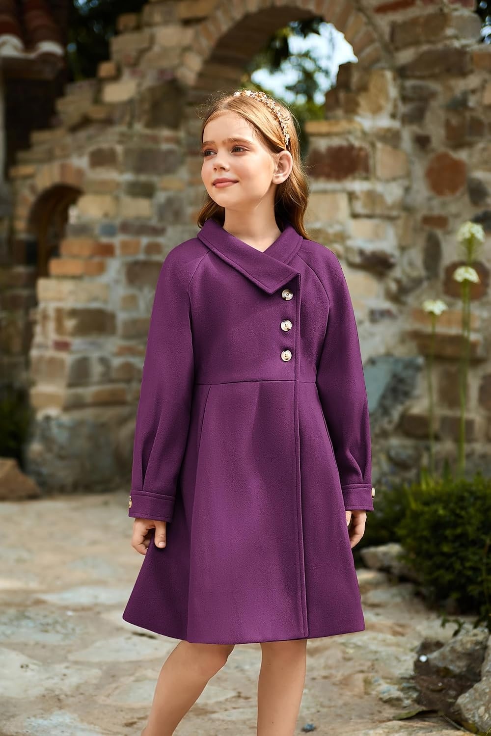 image:imageGRACE KARIN Girls Dress Coat Kids Wool Lapel Long Button Jackets Fall Winter Outerwear Peacoat with Pockets 512YPurple